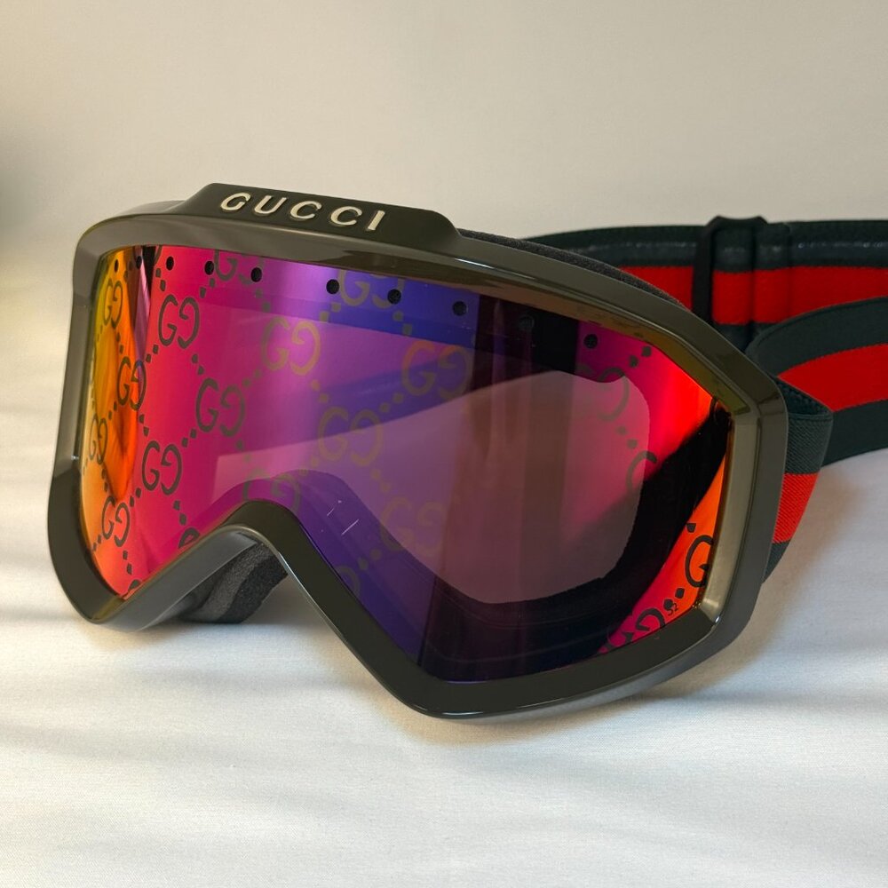 NEW GUCCI Mirrored Ski Mask Goggles SHINY SOLID DARK GREEN with logo unisex - Picture 5 of 9